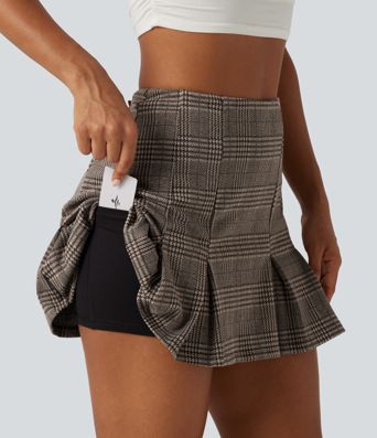 High Waisted 2-in-1 Pleated A Line Houndstooth Plaid Mini Work Skirt with Pockets
