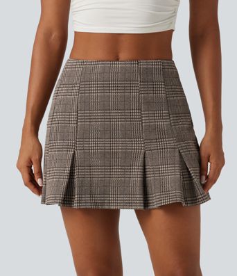 High Waisted 2-in-1 Pleated A Line Houndstooth Plaid Mini Work Skirt with Pockets