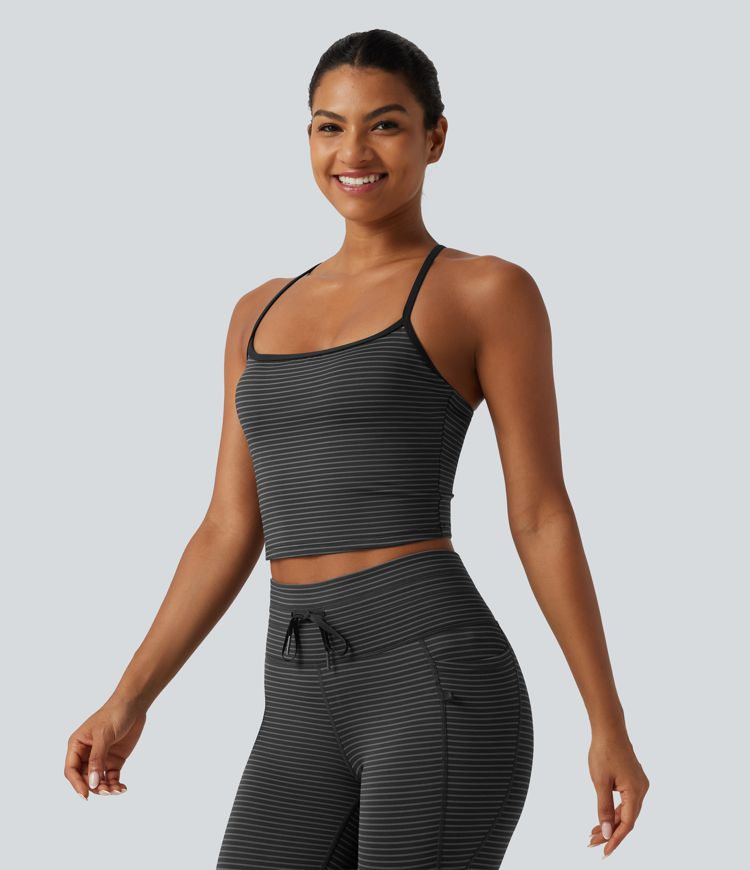 U Neck Built-in Bra Stripe Cropped Yoga Tank Top 
