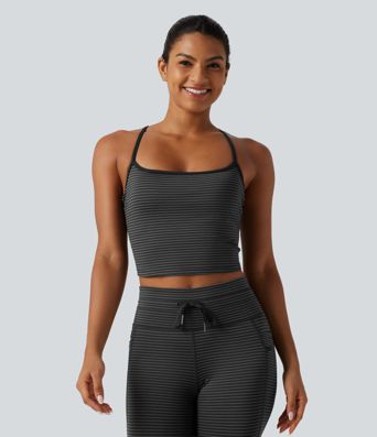 U Neck Built-in Bra Stripe Cropped Yoga Tank Top 