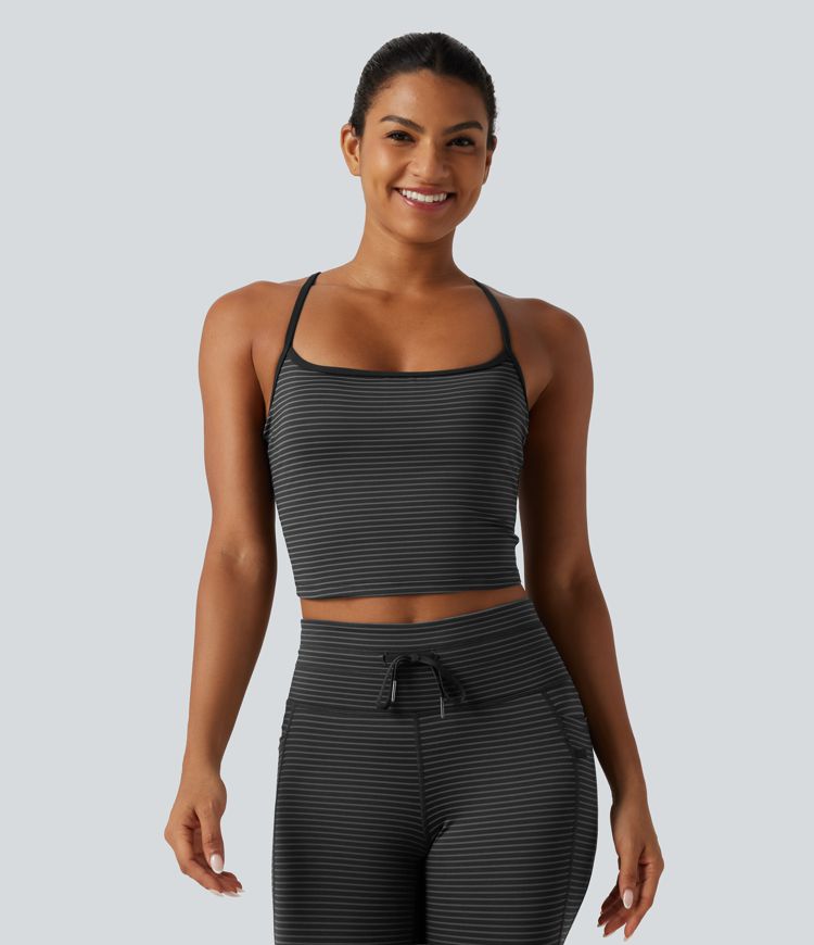 U Neck Built-in Bra Stripe Cropped Yoga Tank Top 