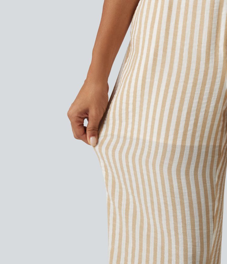 High Waisted 2-in-1 Straight Leg Stripe Cropped Casual Linen-Feel Pants with Pockets