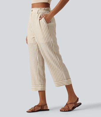 High Waisted 2-in-1 Straight Leg Stripe Cropped Casual Linen-Feel Pants with Pockets