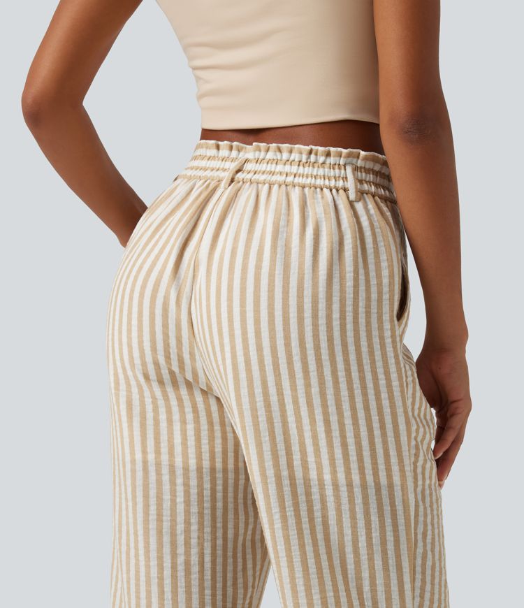 High Waisted 2-in-1 Straight Leg Stripe Cropped Casual Linen-Feel Pants with Pockets