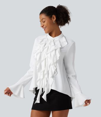 Wrinkle Recovery Stand Collar Ruffle Long Sleeve Party Shirt Wrinkle Recovery Stand Collar Ruffle Long Sleeve Party Shirt