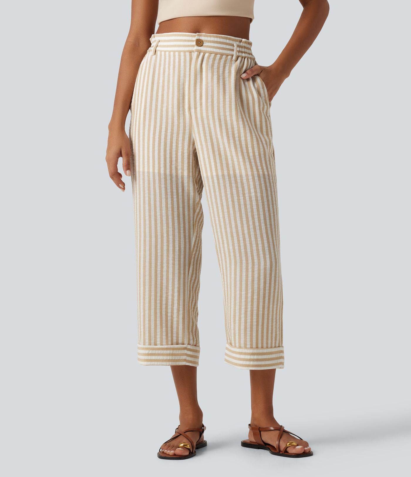 High Waisted 2-in-1 Straight Leg Stripe Cropped Casual Linen-Feel Pants with Pockets