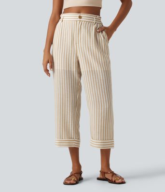 High Waisted 2-in-1 Straight Leg Stripe Cropped Casual Linen-Feel Pants with Pockets