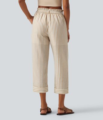 High Waisted 2-in-1 Straight Leg Stripe Cropped Casual Linen-Feel Pants with Pockets
