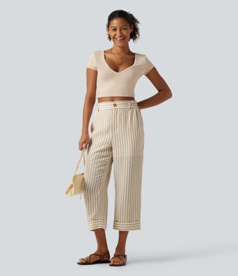 High Waisted 2-in-1 Straight Leg Stripe Cropped Casual Linen-Feel Pants with Pockets