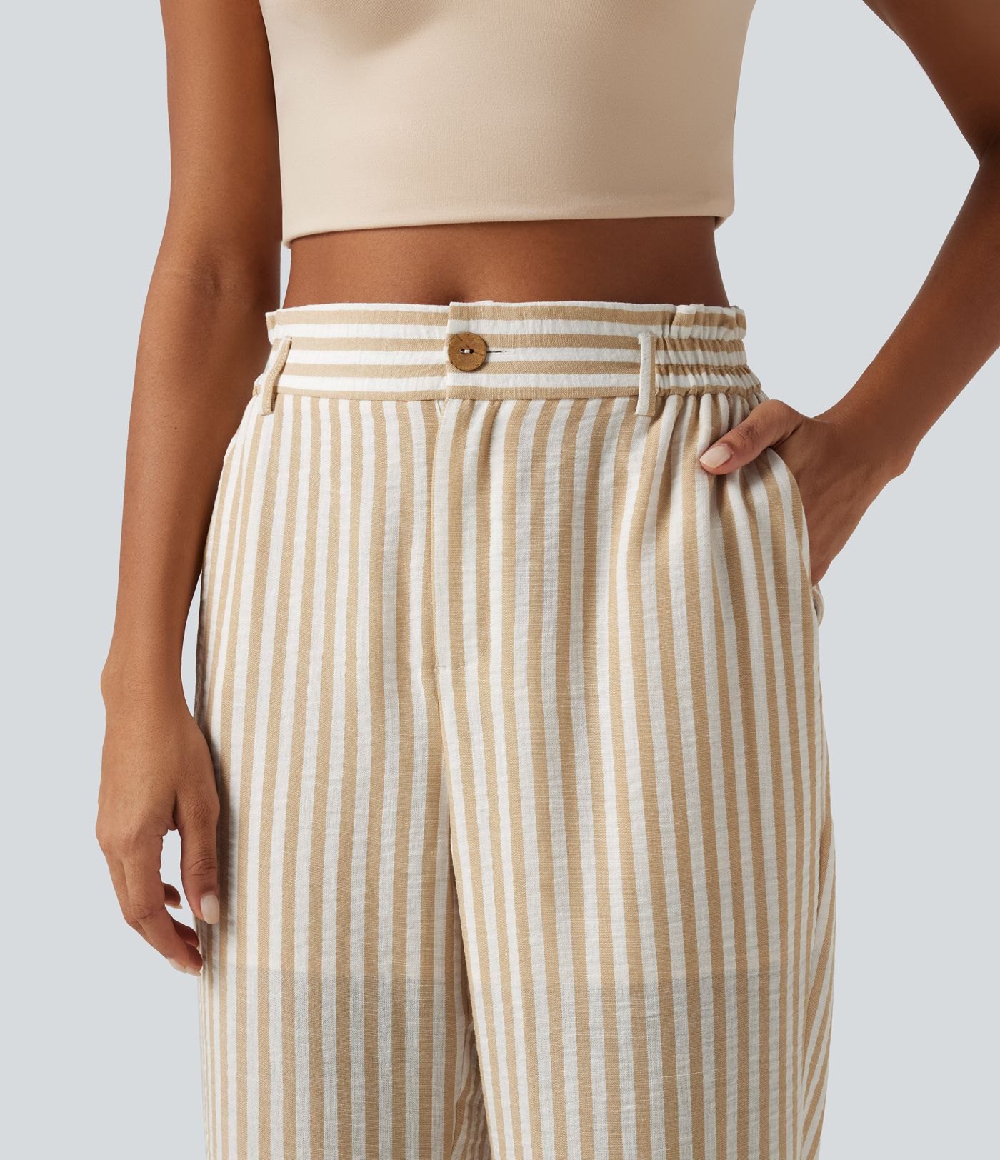 High Waisted 2-in-1 Straight Leg Stripe Cropped Casual Linen-Feel Pants with Pockets