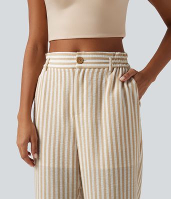 High Waisted 2-in-1 Straight Leg Stripe Cropped Casual Linen-Feel Pants with Pockets