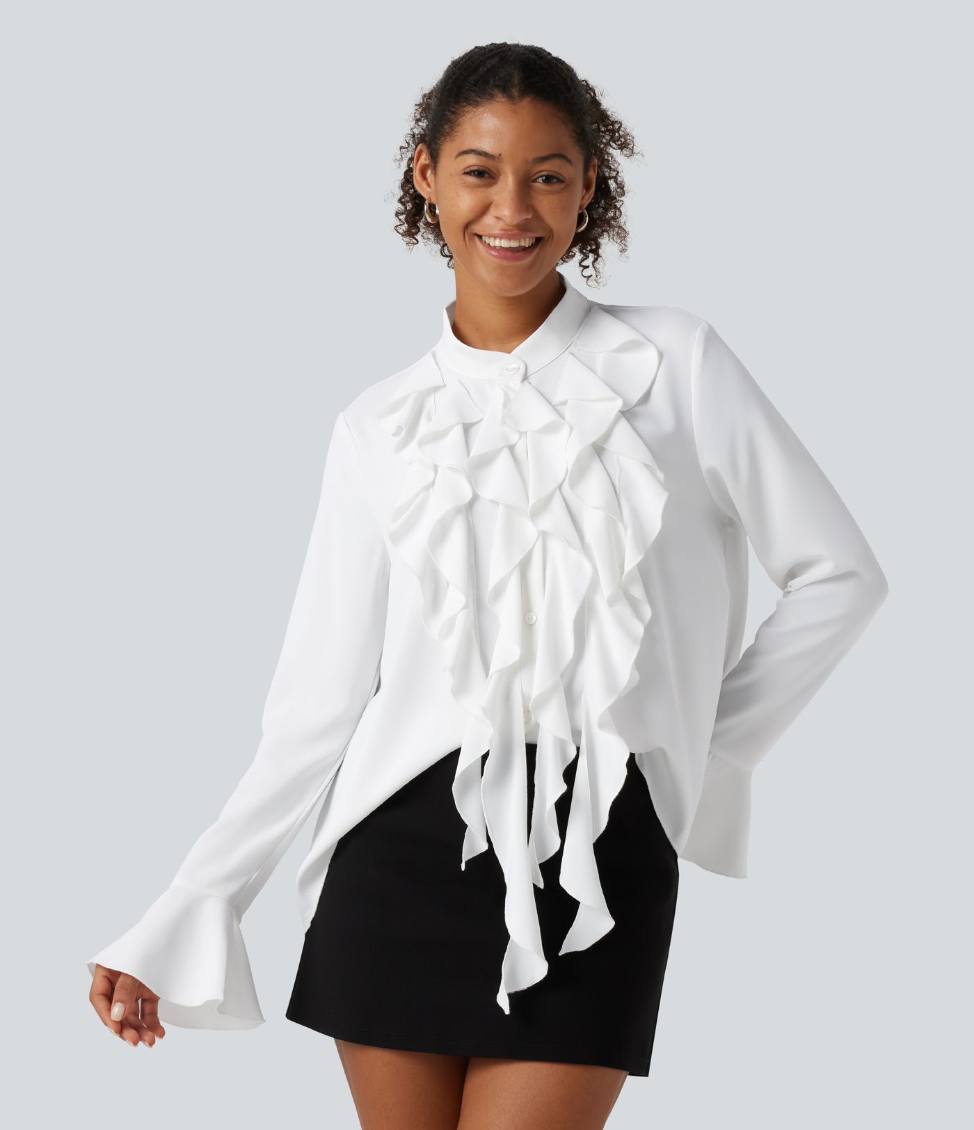 Wrinkle Recovery Stand Collar Ruffle Long Sleeve Party Shirt Wrinkle Recovery Stand Collar Ruffle Long Sleeve Party Shirt