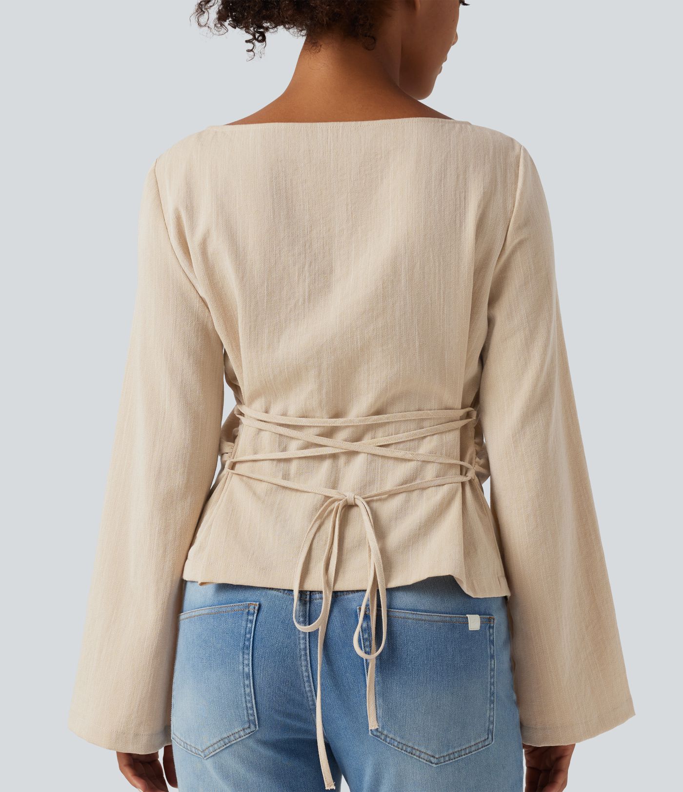 Boat Neck Long Sleeve Lace Up Casual Linen-Feel Blouse