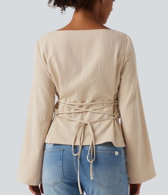 Boat Neck Long Sleeve Lace Up Casual Linen-Feel Blouse