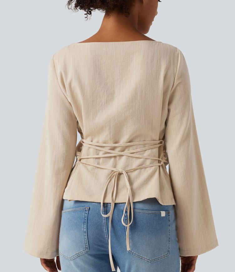 Boat Neck Long Sleeve Lace Up Casual Linen-Feel Blouse