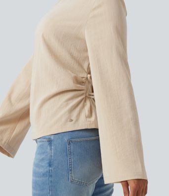 Boat Neck Long Sleeve Lace Up Casual Linen-Feel Blouse