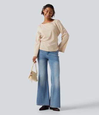 Boat Neck Long Sleeve Lace Up Casual Linen-Feel Blouse