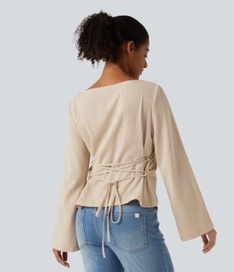 Boat Neck Long Sleeve Lace Up Casual Linen-Feel Blouse