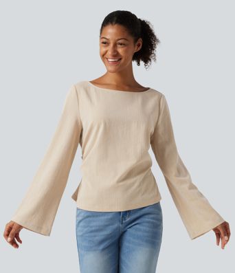 Boat Neck Long Sleeve Lace Up Casual Linen-Feel Blouse