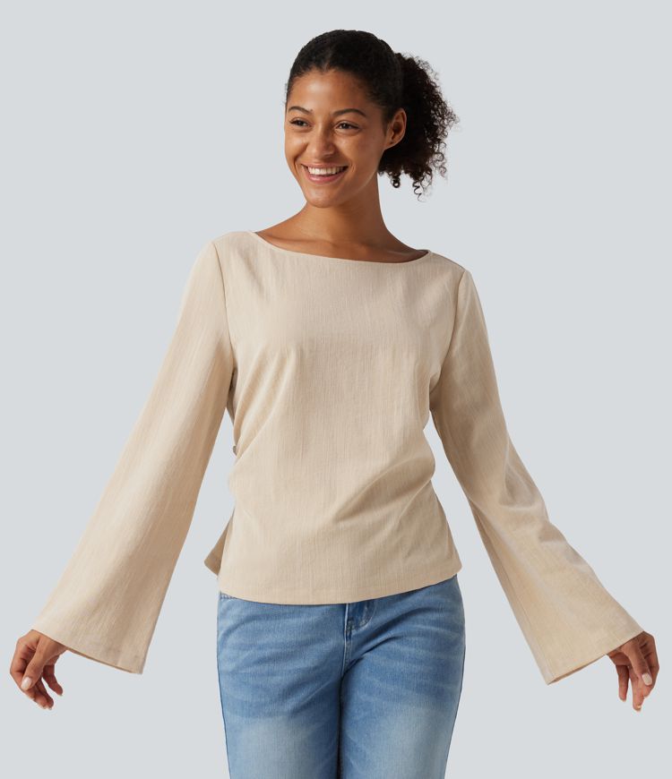 Boat Neck Long Sleeve Lace Up Casual Linen-Feel Blouse