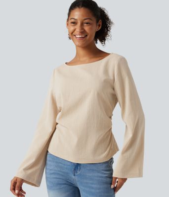 Boat Neck Long Sleeve Lace Up Casual Linen-Feel Blouse