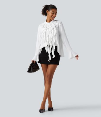 Wrinkle Recovery Stand Collar Ruffle Long Sleeve Party Shirt Wrinkle Recovery Stand Collar Ruffle Long Sleeve Party Shirt