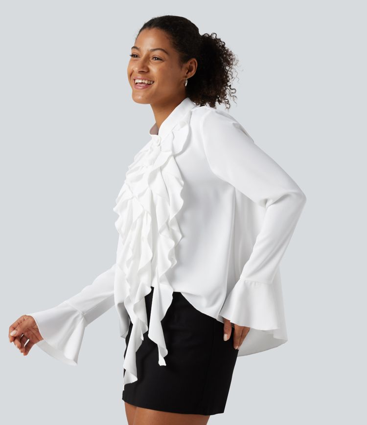 Wrinkle Recovery Stand Collar Ruffle Long Sleeve Party Shirt Wrinkle Recovery Stand Collar Ruffle Long Sleeve Party Shirt