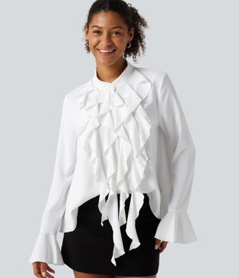 Wrinkle Recovery Stand Collar Ruffle Long Sleeve Party Shirt Wrinkle Recovery Stand Collar Ruffle Long Sleeve Party Shirt