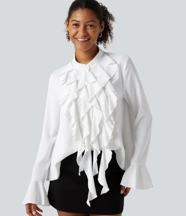 Wrinkle Recovery Stand Collar Ruffle Long Sleeve Party Shirt Wrinkle Recovery Stand Collar Ruffle Long Sleeve Party Shirt