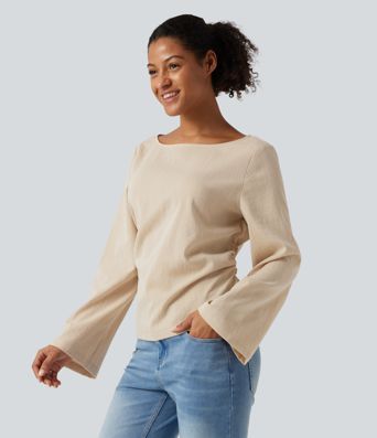 Boat Neck Long Sleeve Lace Up Casual Linen-Feel Blouse