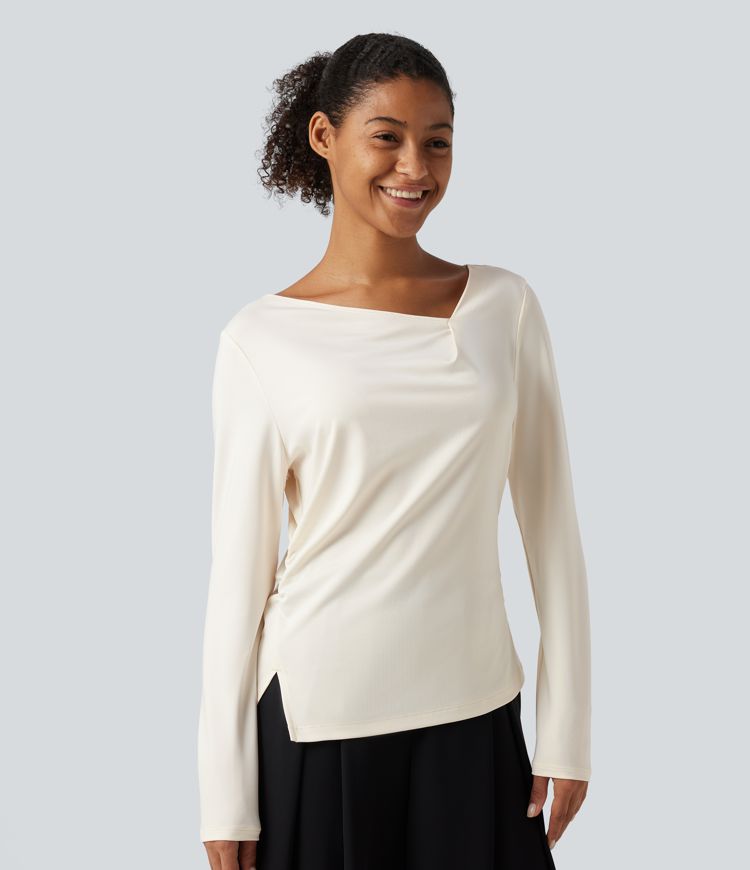 Asymmetric Cowl Neck Long Sleeve Ruched Slit Hem Work Blouse Asymmetric Cowl Neck Long Sleeve Ruched Slit Hem Work Blouse