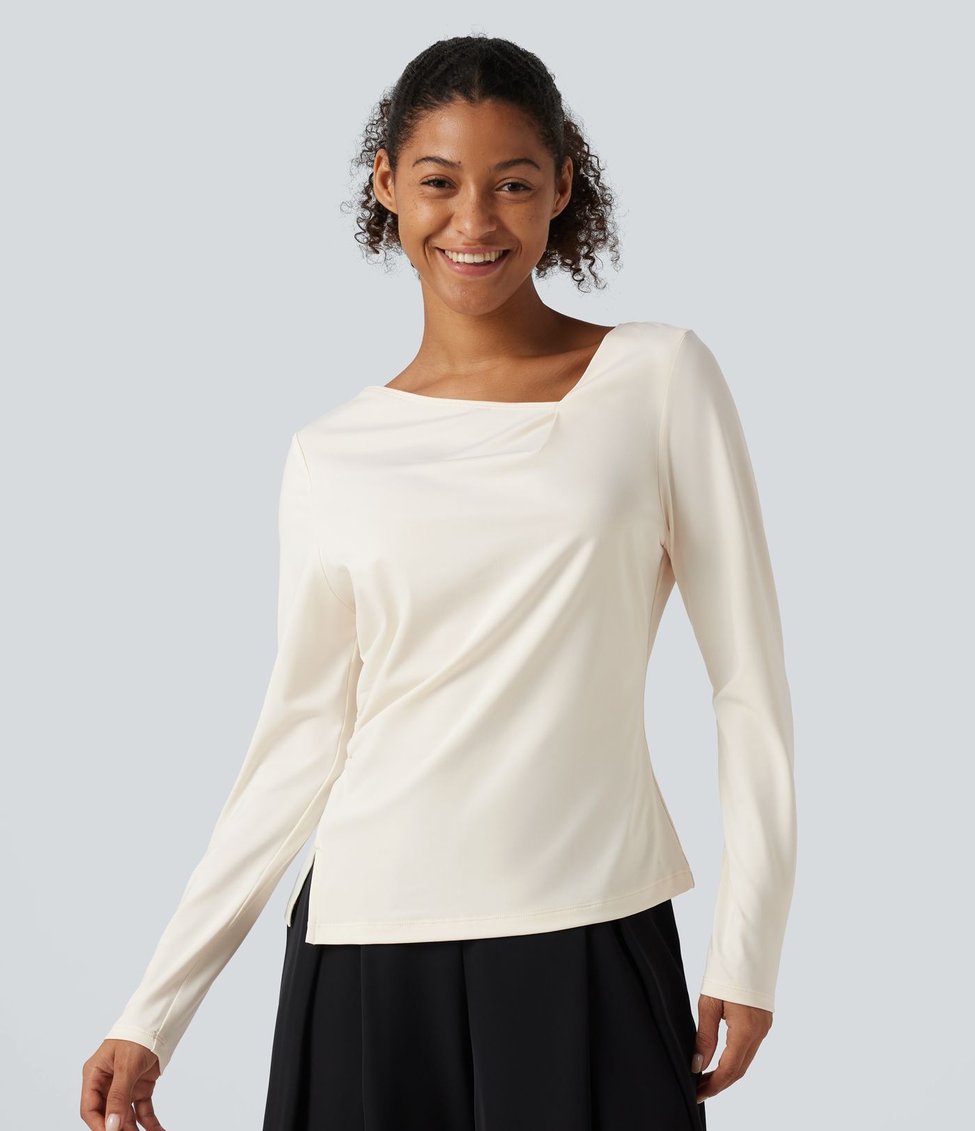 Asymmetric Cowl Neck Long Sleeve Ruched Slit Hem Work Blouse Asymmetric Cowl Neck Long Sleeve Ruched Slit Hem Work Blouse