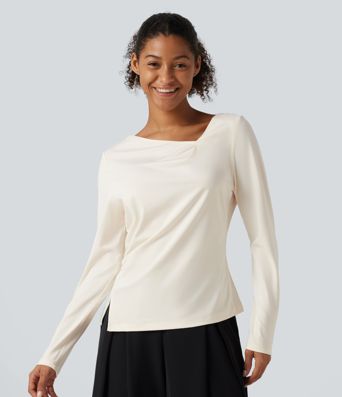 Asymmetric Cowl Neck Long Sleeve Ruched Slit Hem Work Blouse Asymmetric Cowl Neck Long Sleeve Ruched Slit Hem Work Blouse