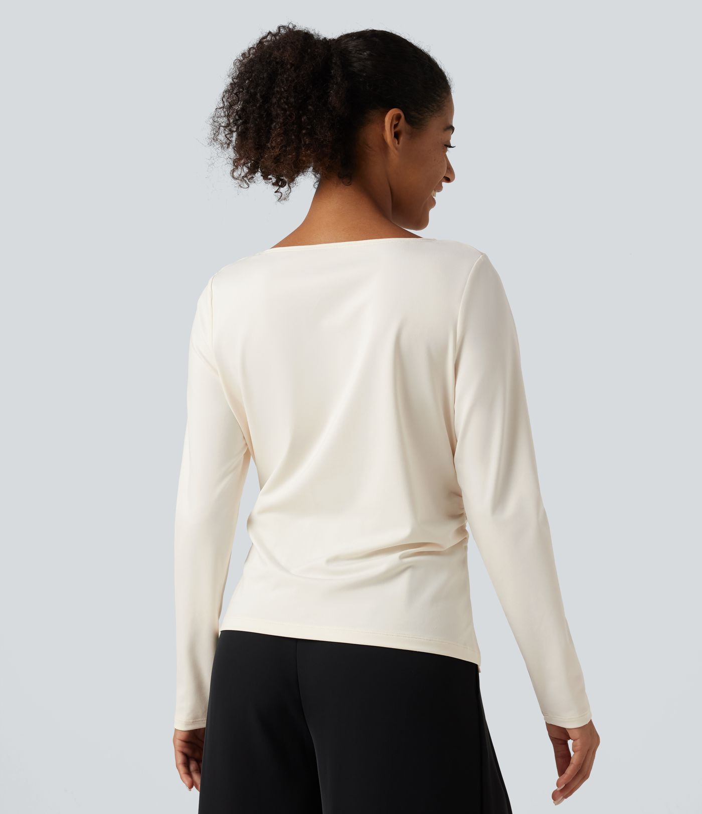 Asymmetric Cowl Neck Long Sleeve Ruched Slit Hem Work Blouse Asymmetric Cowl Neck Long Sleeve Ruched Slit Hem Work Blouse