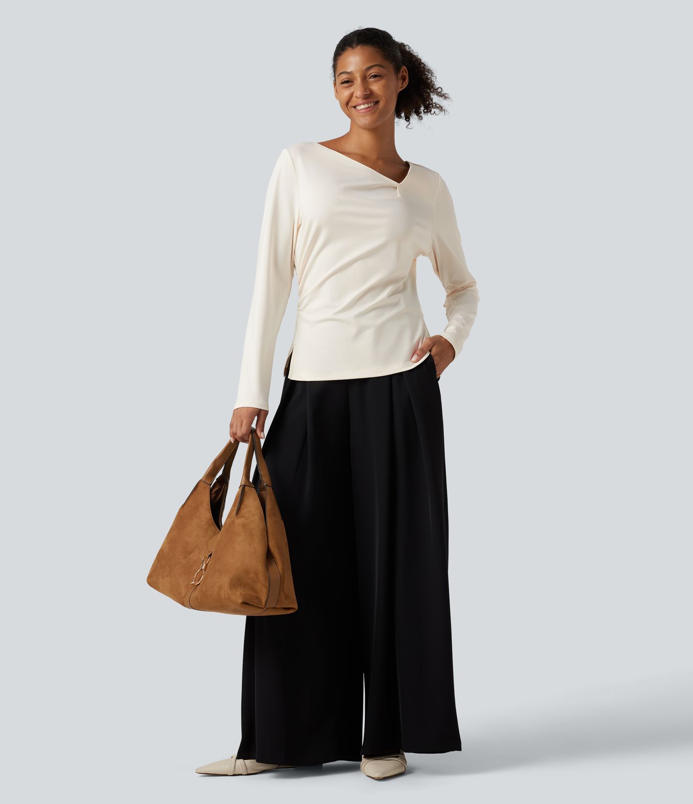 Asymmetric Cowl Neck Long Sleeve Ruched Slit Hem Work Blouse Asymmetric Cowl Neck Long Sleeve Ruched Slit Hem Work Blouse