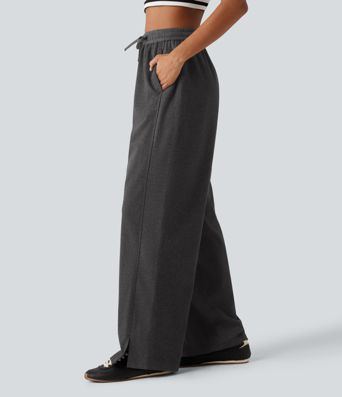 Pantalon droit taille haute à cordon avec poches