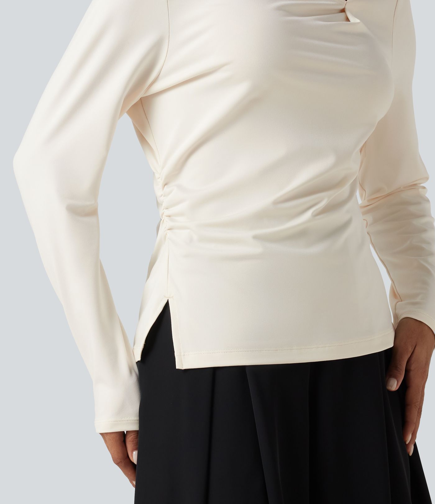 Asymmetric Cowl Neck Long Sleeve Ruched Slit Hem Work Blouse Asymmetric Cowl Neck Long Sleeve Ruched Slit Hem Work Blouse
