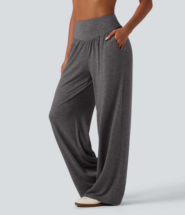 Pantalon de yoga ample à taille haute, froncé, avec poches Pantalon de yoga ample à taille haute, froncé, avec poches