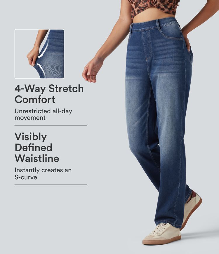 Halara Flex™ Curvy High Waisted Straight Leg Washed Casual Jeans with Pockets Halara Flex™ Curvy High Waisted Straight Leg Washed Casual Jeans with Pockets