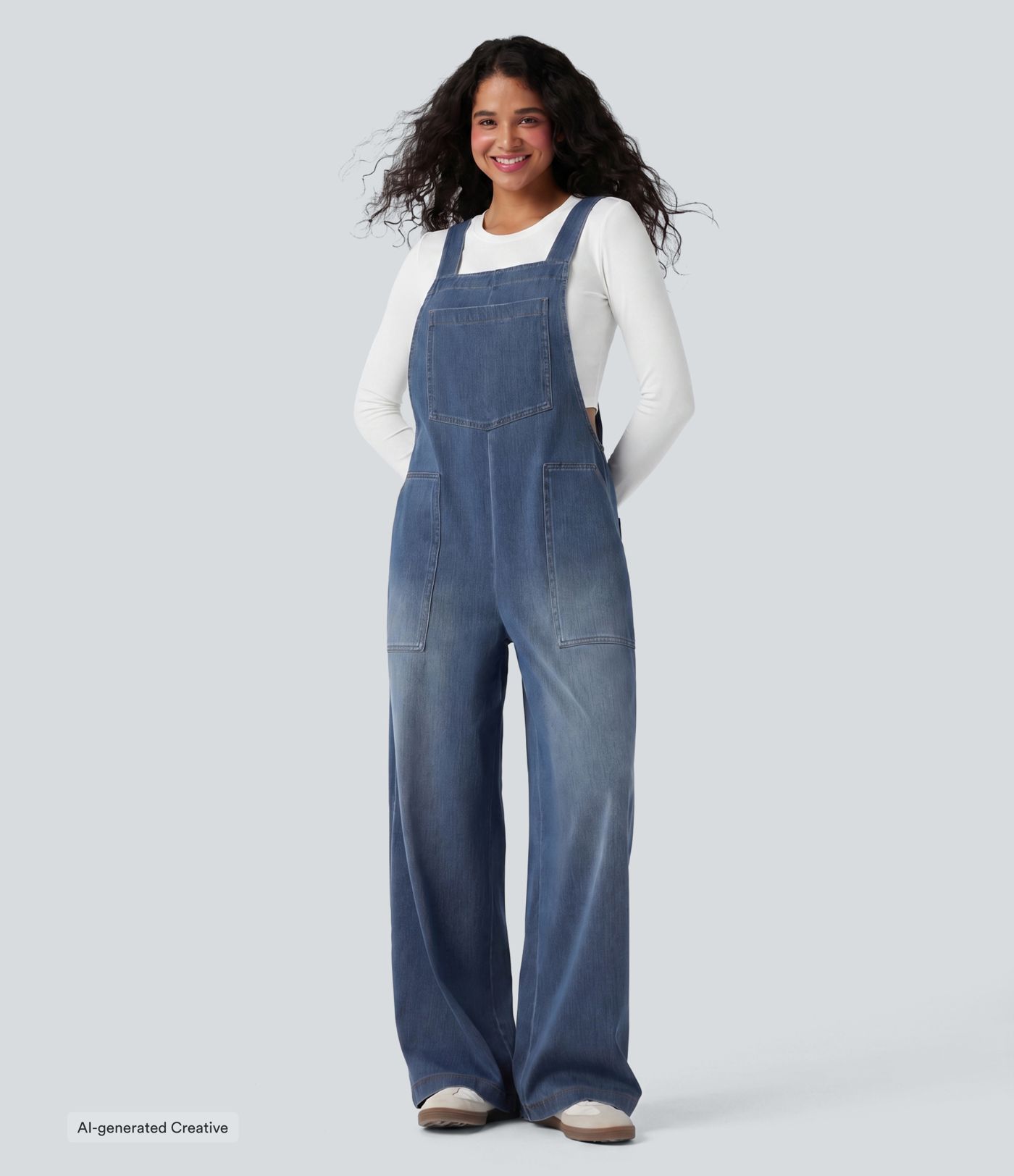 Halara Flex™ Square Neck Washed Denim Casual Overalls with Pockets Halara Flex™ Square Neck Washed Denim Casual Overalls with Pockets