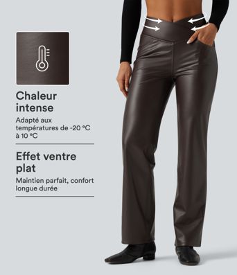 Pantalon droit taille haute croisée gainant en simili stretch doublé polaire avec poches