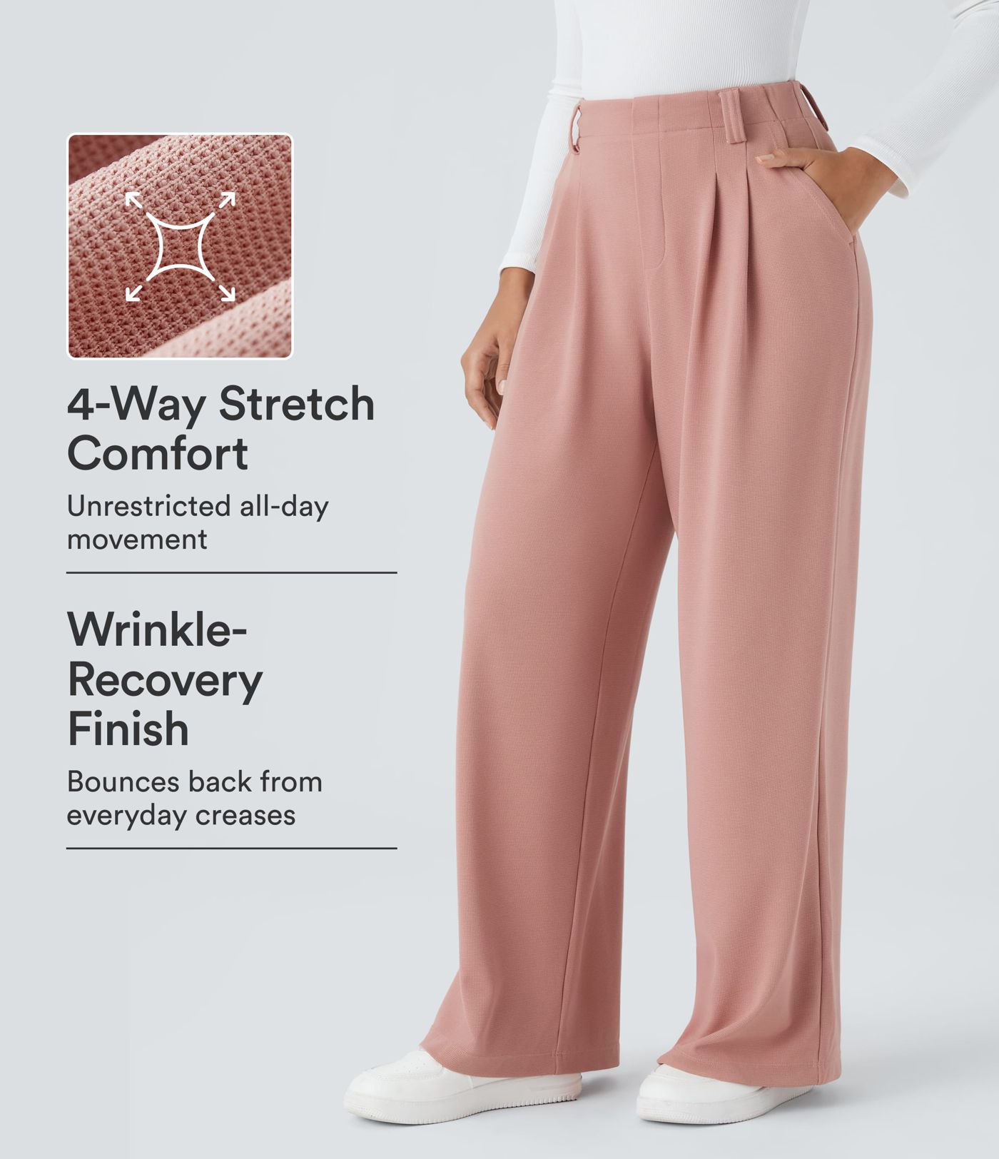 Halara Flex™ Stoffhose mit Waffelmuster und weitem Bein, hohem Bund, gefalteten Seitentaschen, Fließhose Halara Flex™ Stoffhose mit Waffelmuster und weitem Bein, hohem Bund, gefalteten Seitentaschen, Fließhose