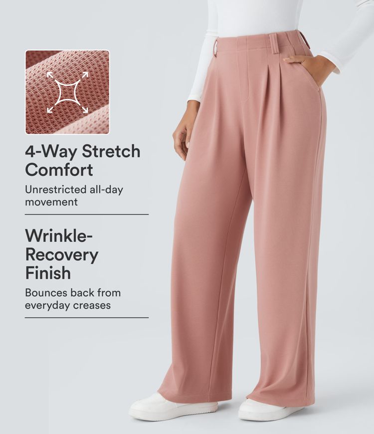 Halara Flex™ Stoffhose mit Waffelmuster und weitem Bein, hohem Bund, gefalteten Seitentaschen, Fließhose Halara Flex™ Stoffhose mit Waffelmuster und weitem Bein, hohem Bund, gefalteten Seitentaschen, Fließhose