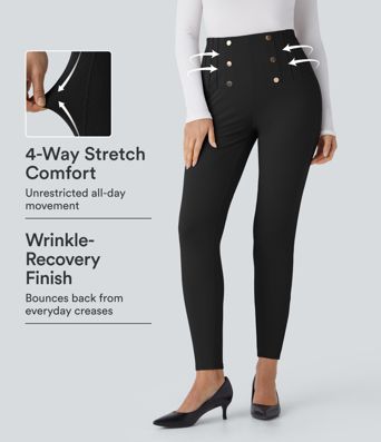 Arbeits-Leggings mit hohem Bund, Reißverschlusstaschen, dekorativer Knopfleiste, Bauchkontrolle und Fischgrätenmuster
