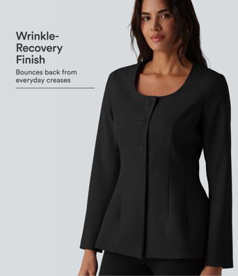 Wrinkle Recovery U Neck Long Sleeve Work Linen-Feel Blazer