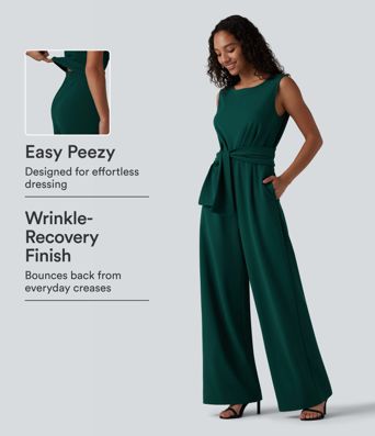 Ärmelloser Büro-Jumpsuit mit U-Boot-Ausschnitt, Seitentaschen und seitlichen Bindebändern - knitterfrei, Easy Peezy Edition