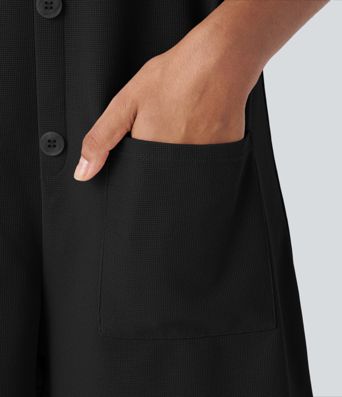 Knot Strap Decorative Button Front Pockets Waffle Resort Dungarees Knot Strap Decorative Button Front Pockets Waffle Resort Dungarees