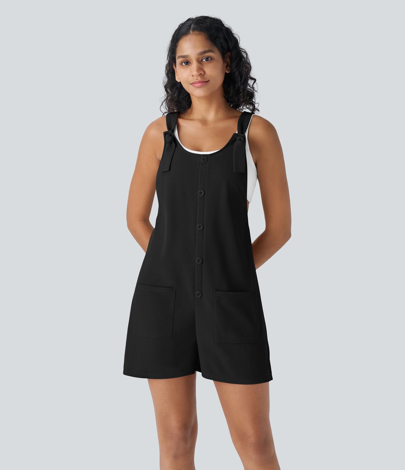 Knot Strap Decorative Button Front Pockets Waffle Resort Dungarees Knot Strap Decorative Button Front Pockets Waffle Resort Dungarees
