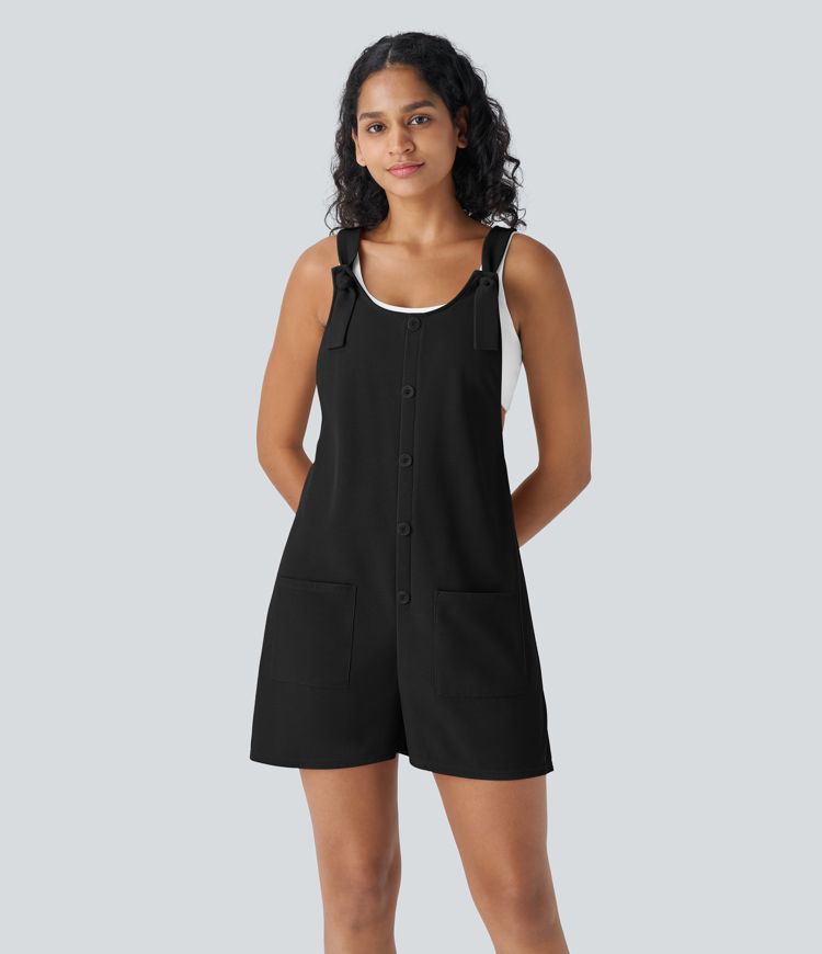 Knot Strap Decorative Button Front Pockets Waffle Resort Dungarees Knot Strap Decorative Button Front Pockets Waffle Resort Dungarees