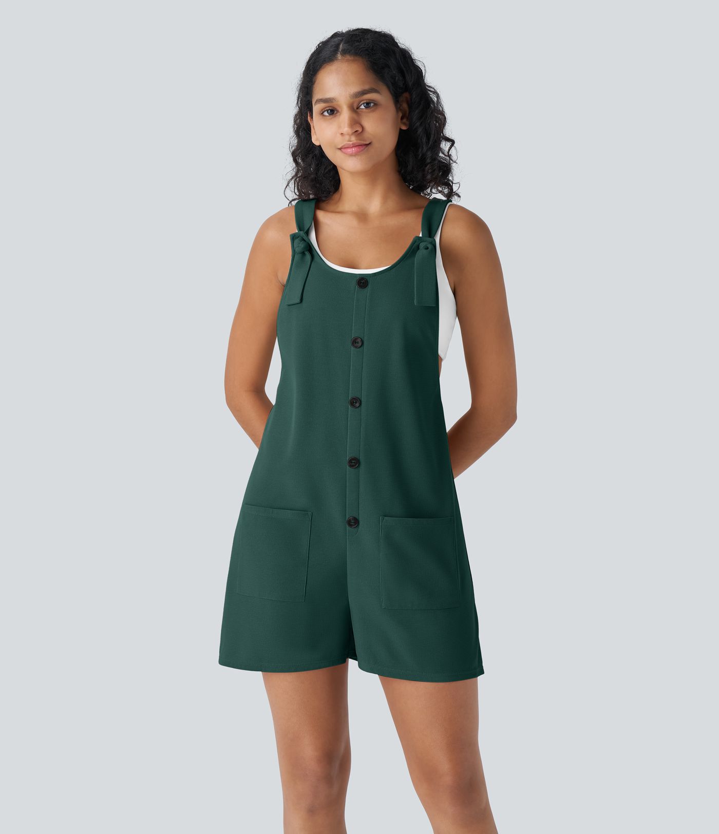 Knot Strap Decorative Pockets Waffle Short Overalls Knot Strap Decorative Pockets Waffle Short Overalls